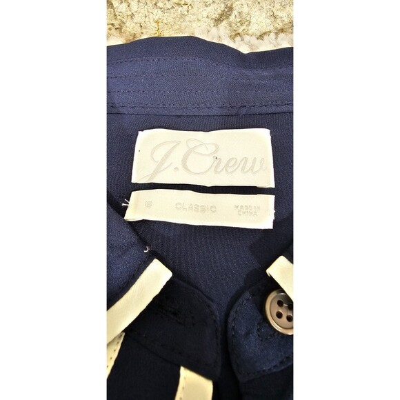 RARE 100% silk J.Crew Classic Fit Button Up Shirt Womens 18 Navy Blue White Trim - Picture 7 of 15